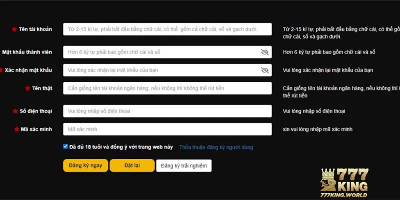 Hướng dẫn chi tiết từng thao tác để đăng ký 777King